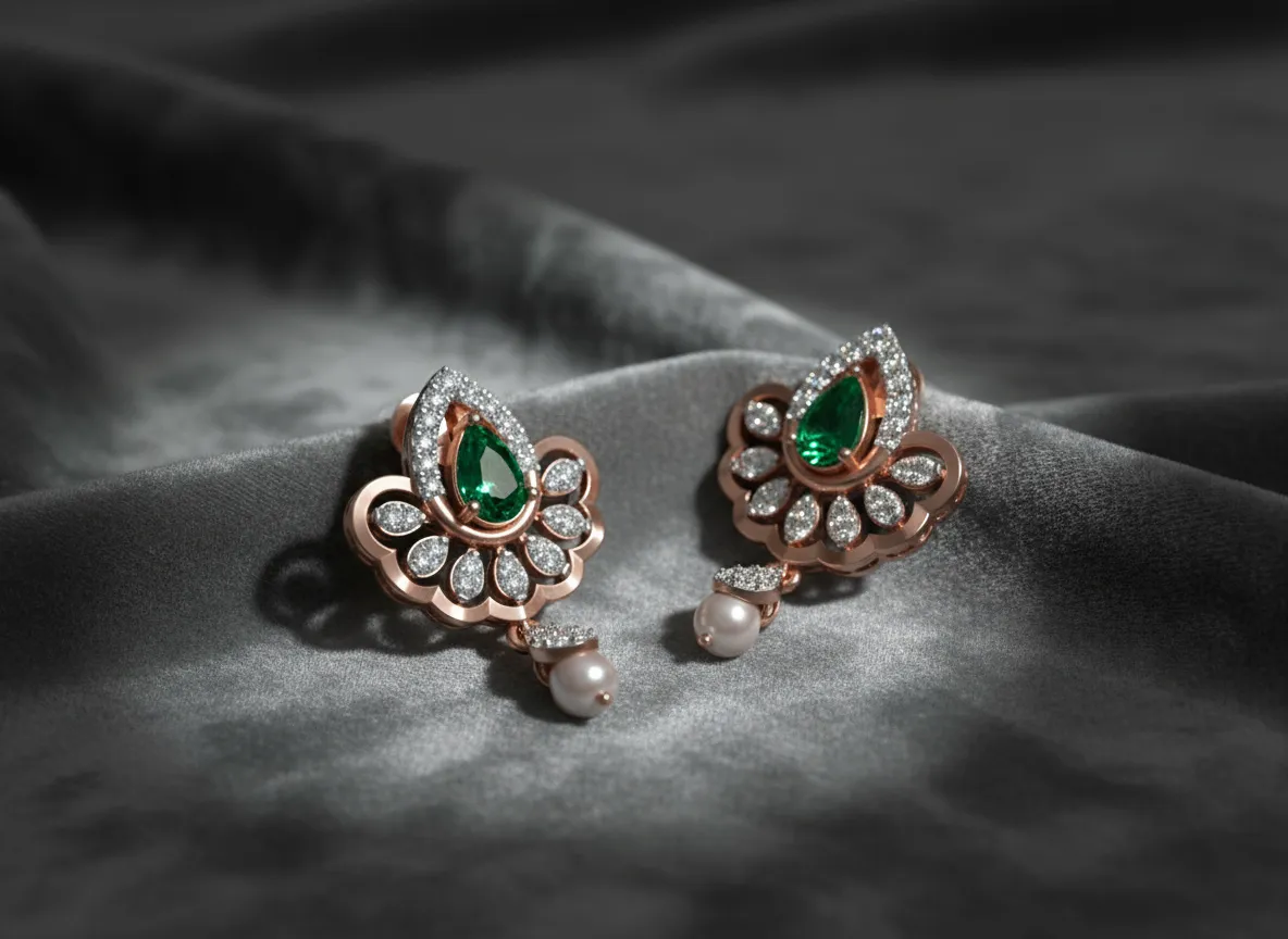 Elara Emerald Diamond Pearl Earrings